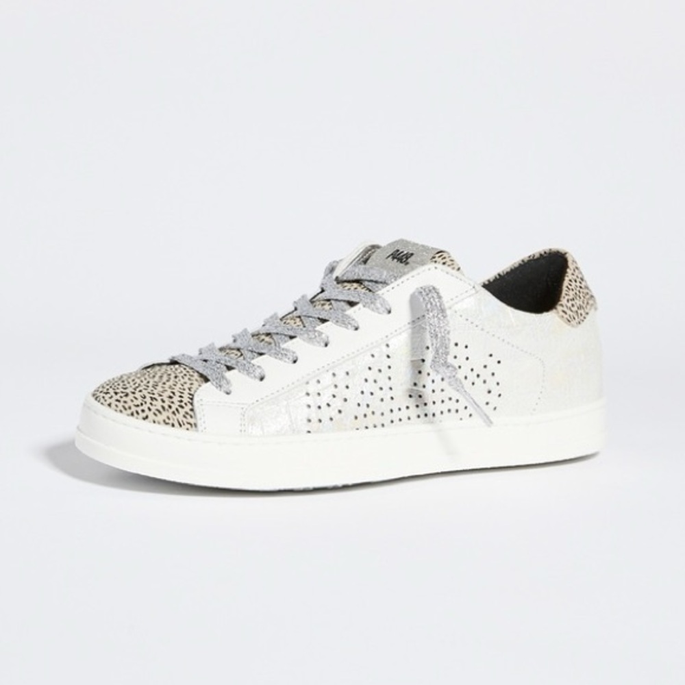 NEW P448 John Low Top Cheetah Print Textured Leather Sneakers in Metallic Silver